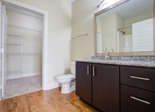 a bathroom with a toilet sink and mirror  at Link Apartments® Brookstown, Winston Salem, 27101
