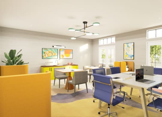 a room filled with tables and chairs and a laptop on a table  at Link Apartments® Mixson, North Charleston, SC, 29405