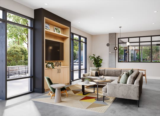 a living room with a couch and a table at Link Apartments® CYKEL Apartments, Charlotte 