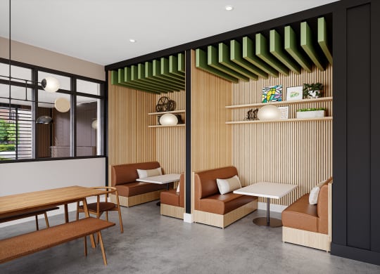 a rendering of a coffee shop with chairs and tables at Link Apartments® CYKEL Apartments, North Carolina, 28208