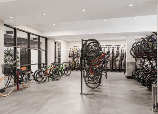 a room full of bikes on display in a store at Link Apartments® CYKEL Apartments, Charlotte 