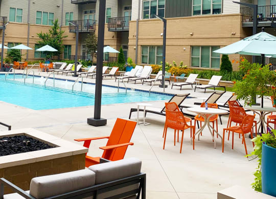 Poolside Gas Fire Pit at Link Apartments Innovation Quarter, Winston Salem