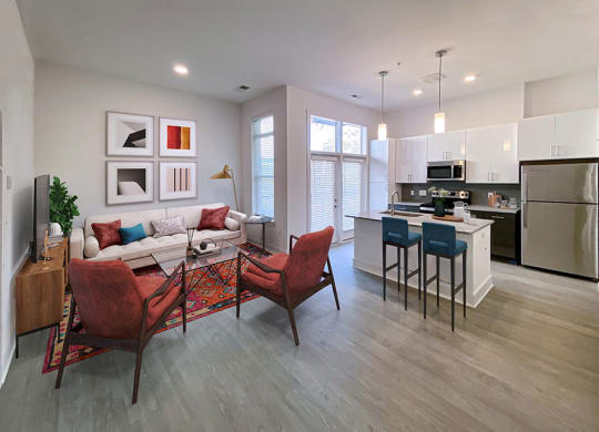 Living Room With Gourmet Kitchen View at Link Apartments® Linden, Chapel Hill, NC, 27517