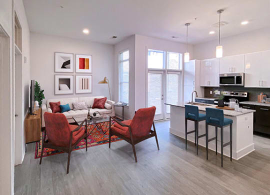 Modern Living Room With Kitchen View at Link Apartments® Linden, North Carolina, 27517
