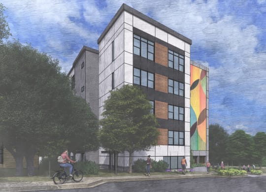 a rendering of a tall building with a person riding a bike at Link Apartments® CYKEL Apartments, Charlotte , North Carolina