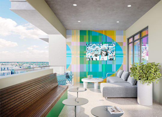 a rendering of a living room with a colorful mural on the wall