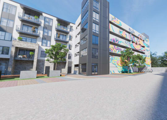 an artist impression of a redeveloped building with colourful murals on the side of it at Link Apartments NoDa 36th, North Carolina, 28206