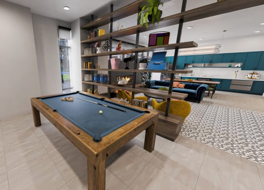 a pool table in the lobby of a building with a kitchen in the background at Link Apartments NoDa 36th, North Carolina, 28206