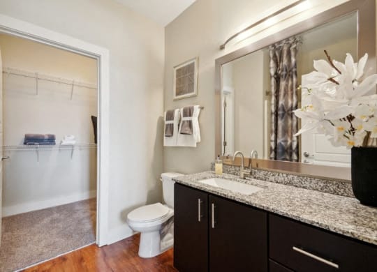 a bathroom with a shower toilet and sink and a mirror at Link Apartments® Brookstown, North Carolina