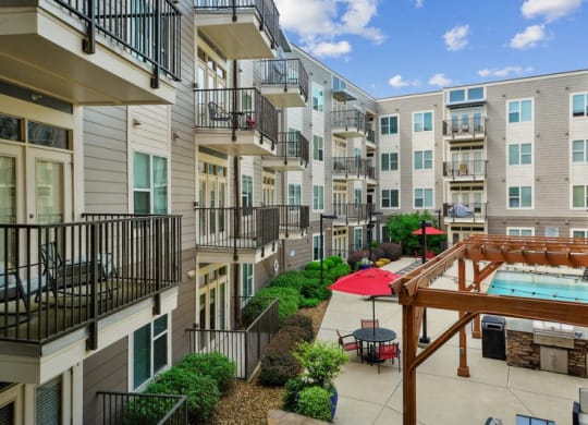 a view of an apartment building with a pool at Link Apartments® Brookstown, Winston Salem, NC