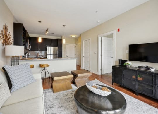 a living room and kitchen with a couch and a tv at Link Apartments® Brookstown, Winston Salem, North Carolina