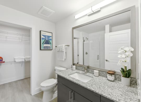 a bathroom with a large mirror and a toilet and a sink  at Link Apartments® H Street, Washington, 20002