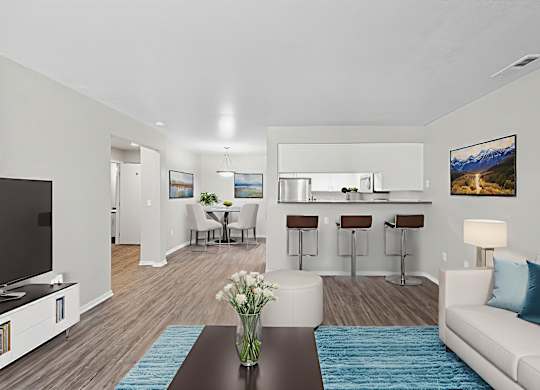 A modern living room with a bar area and a television.
