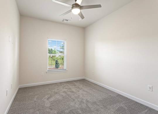 Peaks of Lexington Apartments Bedroom with Ceiling Fan, Light, Window and Gray Carpet and Connected Bathroom