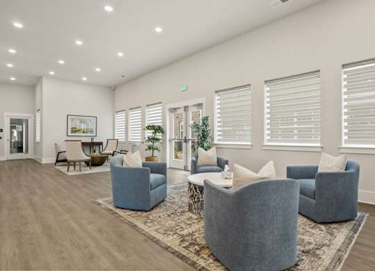 A spacious living room with grey couches and a rug.