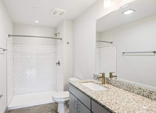 Bathroom in Converse Mill Lofts in Spartanburg, SC with walk-in closet and sink with granite countertop