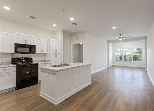Peaks of Lexington Apartments Kitchen with Black Appliances, Granite Countertops and White Cabinetry and connected living room