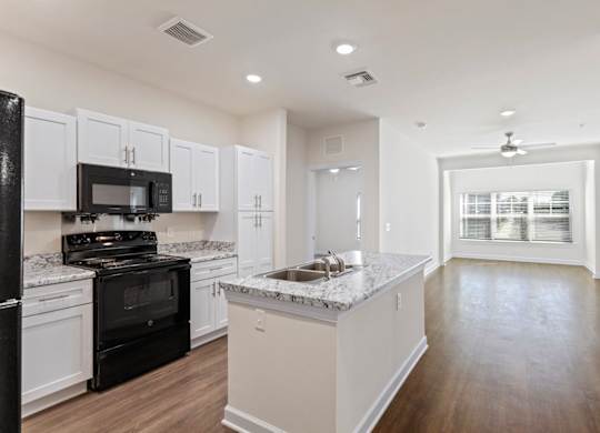 Peaks of Lexington Apartments Kitchen with Black Appliances, Granite Countertops and White Cabinetry