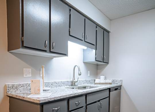 A kitchen with dark brown cabinets and a marble countertop.