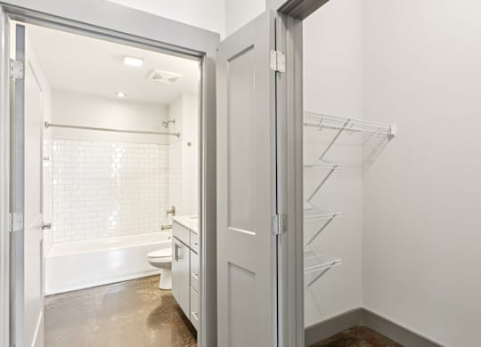 Closet and bathroom at Converse Mill Lofts in Spartanburg, SC