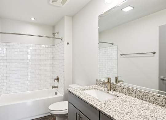 Bathroom with walk-in shower and sink with granite countertop at Converse Mill Loft Apartments in Spartanburg, SC