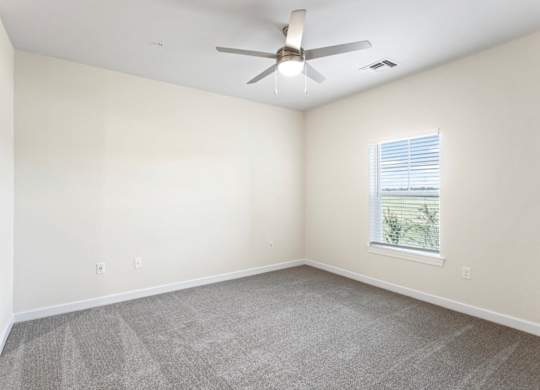 Peaks of Lexington Apartments Bedroom with Ceiling Fan, Light, Window and Gray Carpet