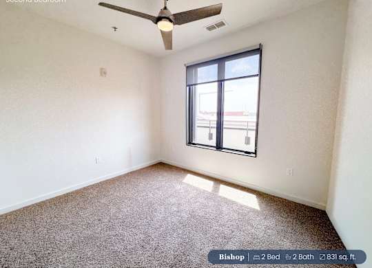 A second bedroom with a ceiling fan and carpeted floor.