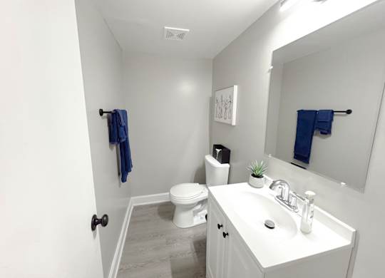 Reserve at Hillcrest Townhomes model unit half bath with blue towel