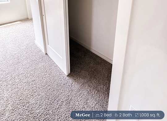 A second bedroom closet with a white door and a carpeted floor.