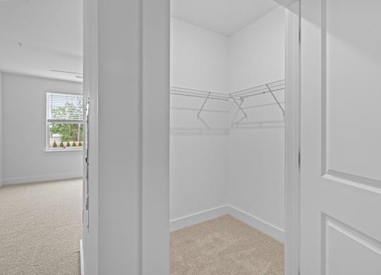 A white room with a carpeted floor and a white door.