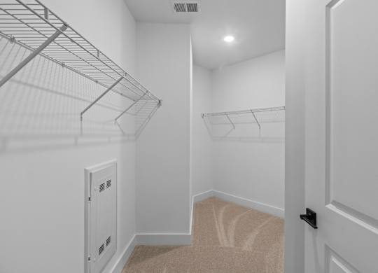 A white walk in closet with a carpeted stairway.