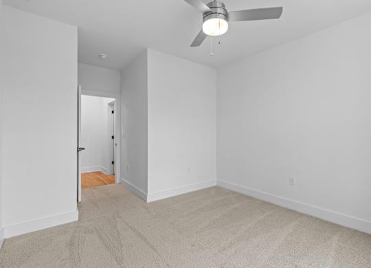A room with a ceiling fan and carpeted floor.