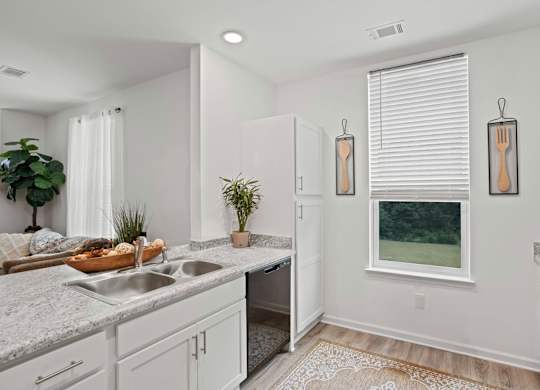 A kitchen with a white sink and a window with blinds.