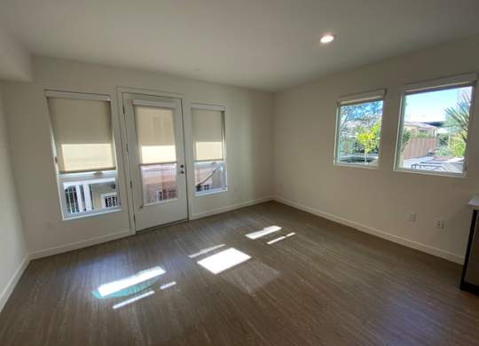 Living room with wood flooring and windows.