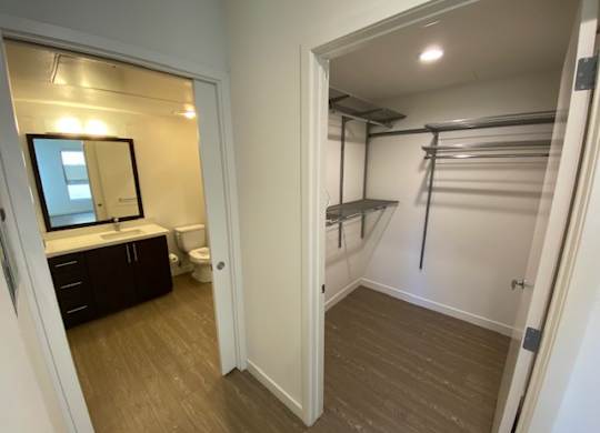 Walk-in closet and entrance to bathroom.