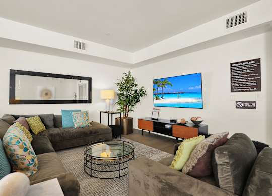 A living room with a grey couch and a TV on the wall at The Urbanpolitan, Los Angeles, CA
