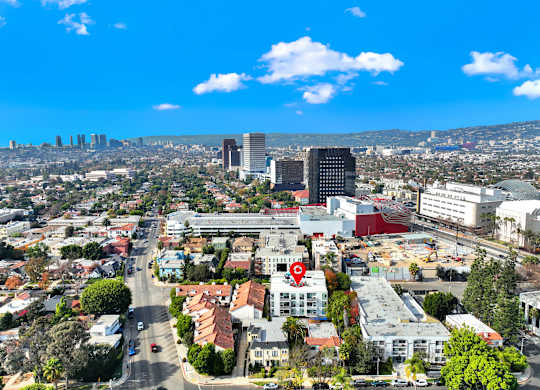 A cityscape with a red pin on a building. at The Urbanpolitan, Los Angeles, CA 90036