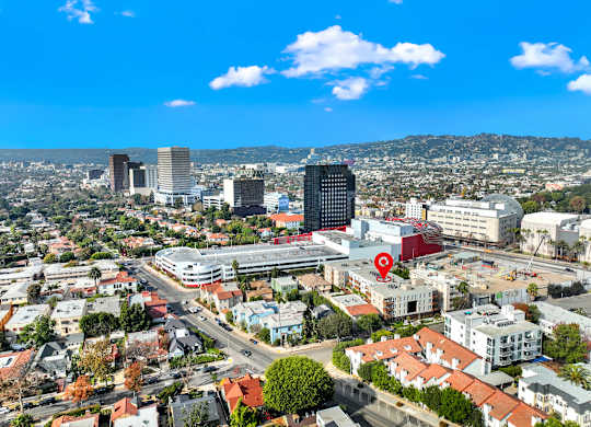 A cityscape with a red pinpointed location at The Urbanpolitan, Los Angeles