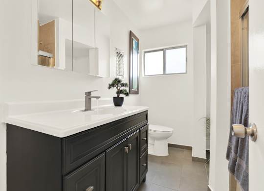 A bathroom with a white sink and black cabinetry at Wooster Encore Apartments, California 90035