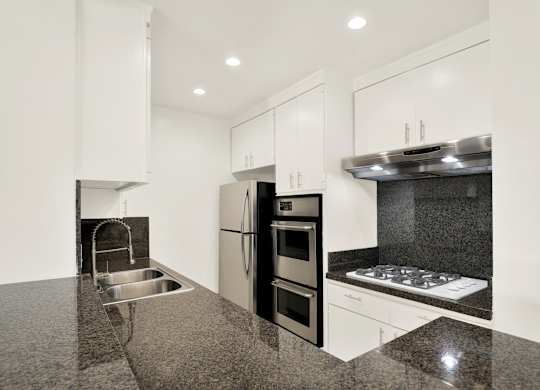 A modern kitchen with granite countertops and stainless steel appliances at Wooster Encore Apartments, Los Angeles