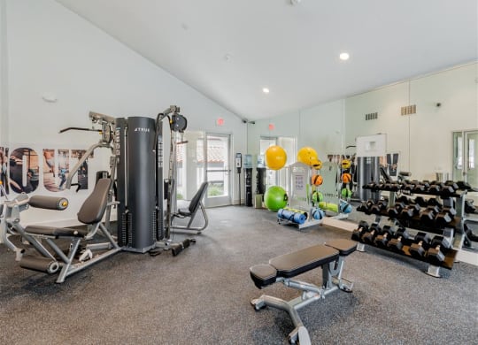 a workout room with weights and cardio equipment at the preserve at great pond apartments in windsor  at Laguna Gardens Apts., Laguna Niguel, California