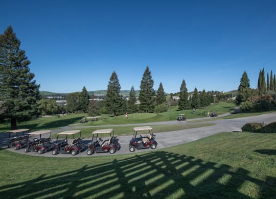 a line of golf carts parked on a golf course  at Falcon Bridge at Gale Ranch, San Ramon, 94582