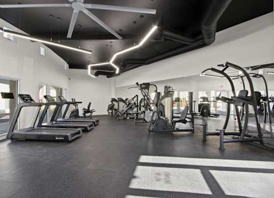 A gym with treadmills, elliptical machines, and other exercise equipment.