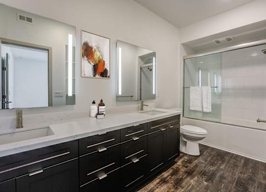 A bathroom with a white sink and a shower at Montecito at Carlsbad, Carlsbad, CA 92010