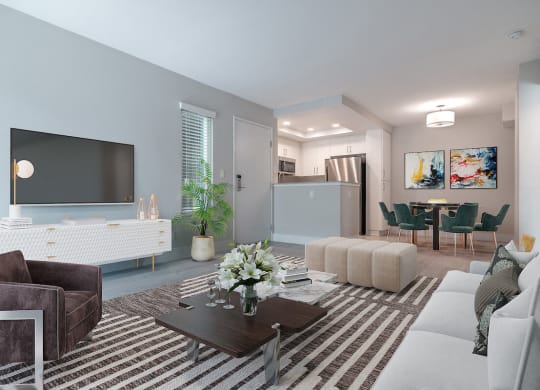 a living room with blue walls and a large tv on the wall  at Laguna Gardens Apts., California