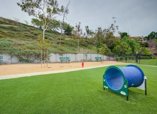 a dog park with a large blue dog kennel and a red fire hydrant  at Laguna Gardens Apts., California, 92677
