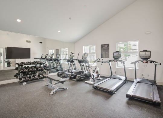 a gym with cardio equipment and a flat screen tv  at Laguna Gardens Apts., Laguna Niguel