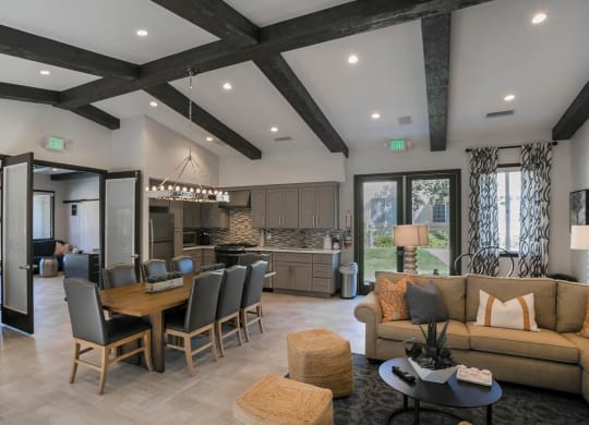 the estates at tanglewood|living room with kitchen and dining area  at Arroyo Villa Apartments, Thousand Oaks, CA
