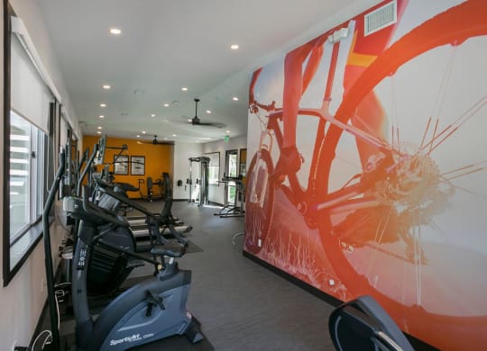 a painting of a bicycle on the wall of a gym  at Arroyo Villa Apartments, Thousand Oaks