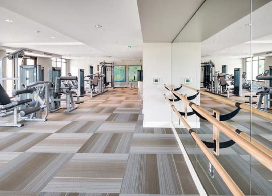 a gym with mirror and barre, treadmills and other exercise equipment  at Deer Creek Apartments, San Ramon